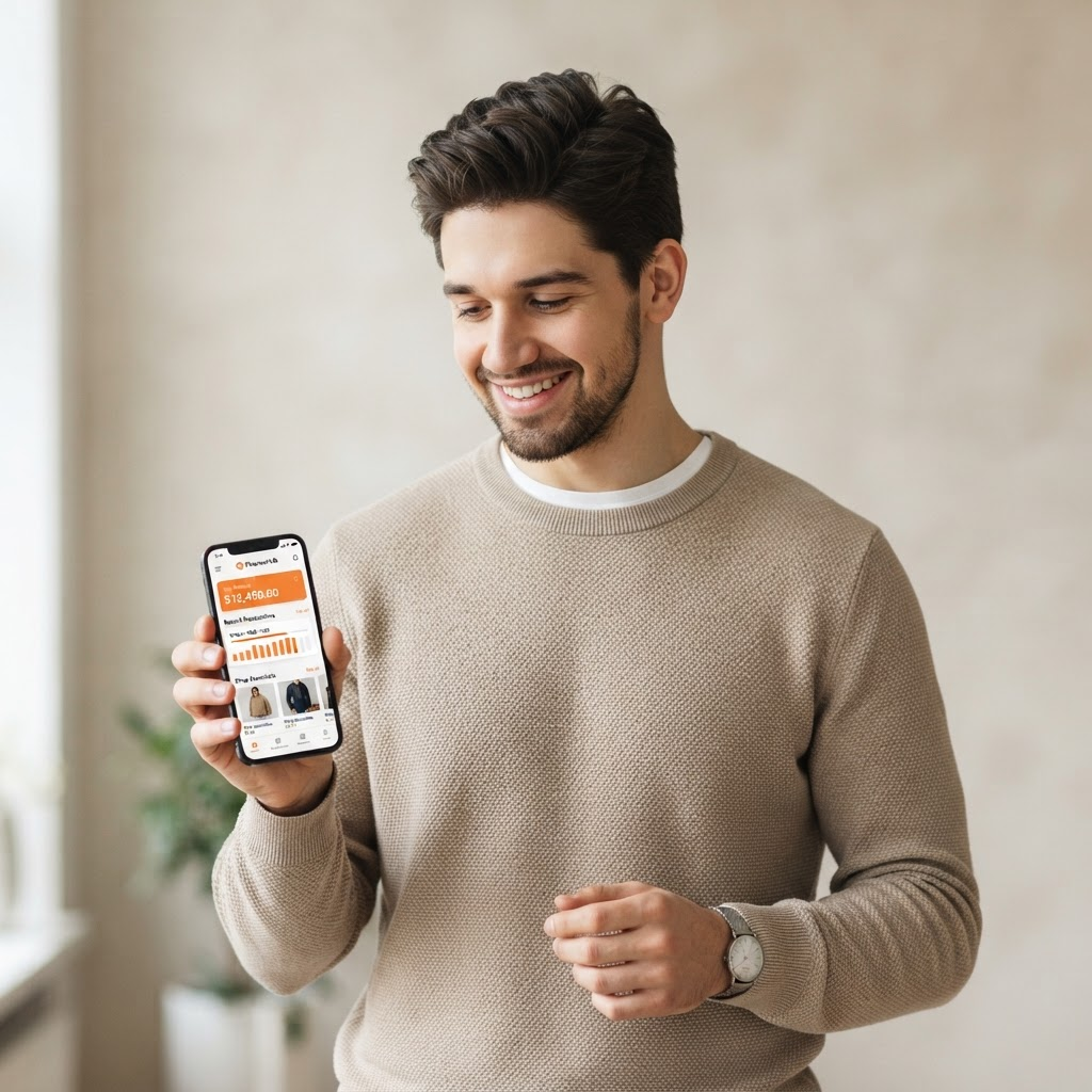 Man holding a smartphone showing the Tax Free Club app