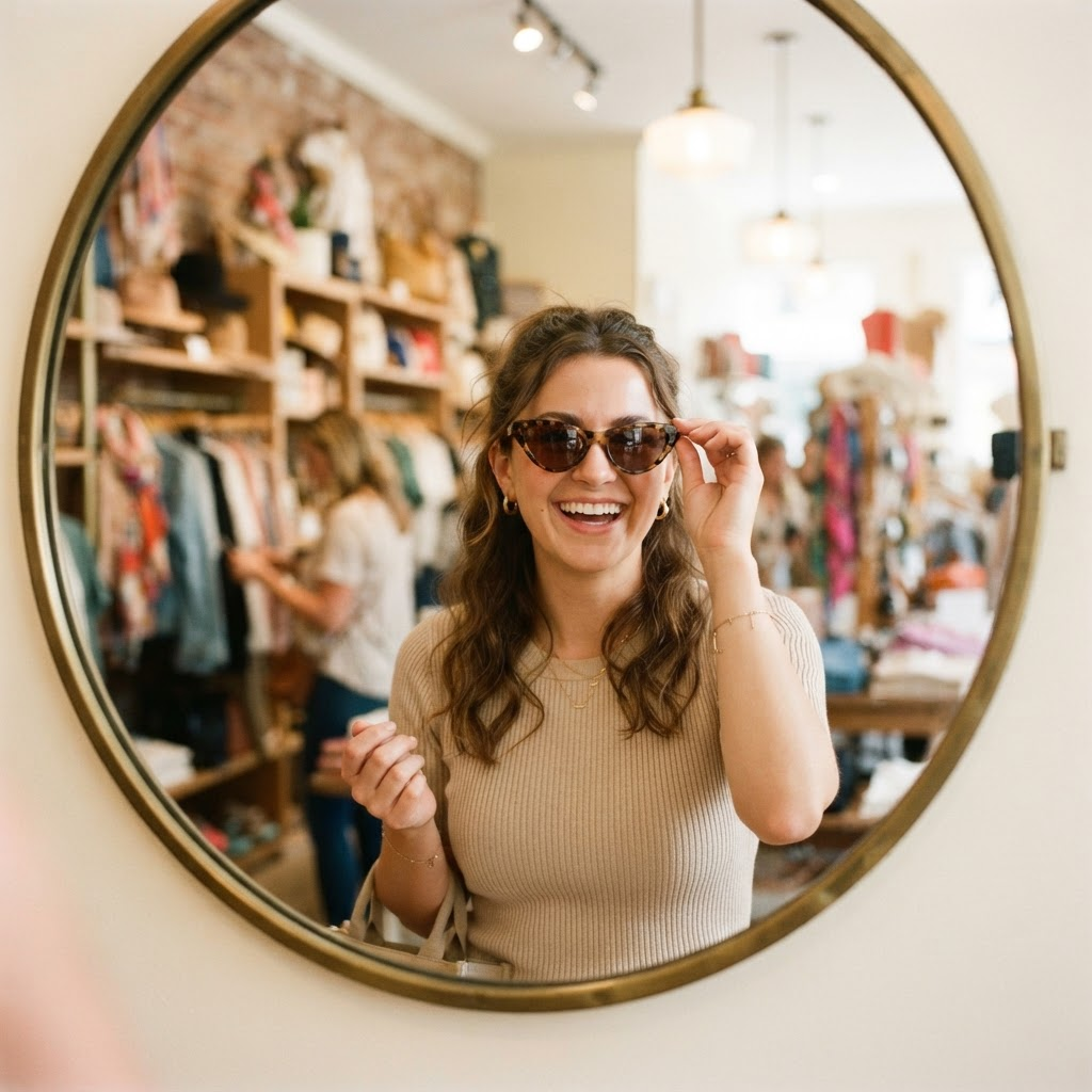 Woman trying on sunglasses while shopping in-store
