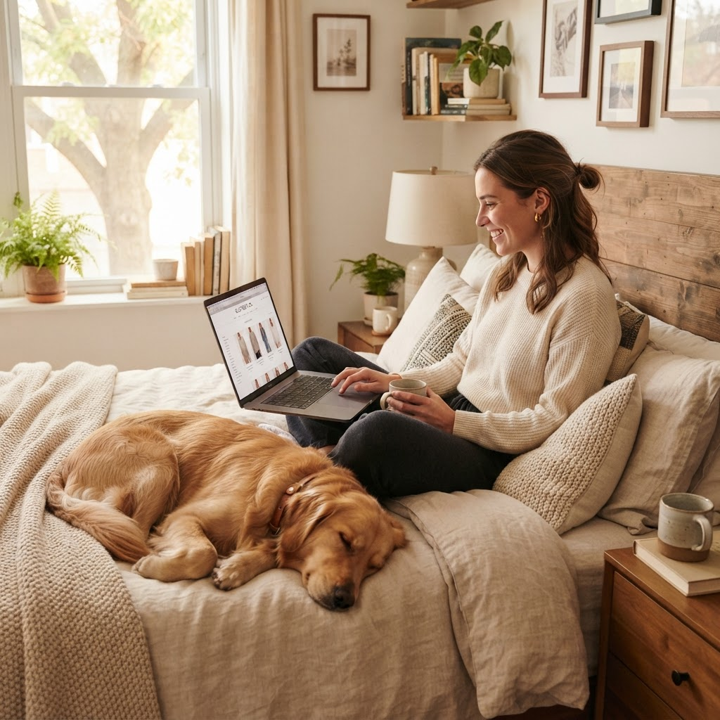 Woman shopping online on a laptop at home with her dog